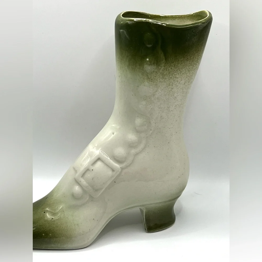 Victorian Style Ceramic Boot Green/White Planter Pottery Decorative Vase 7.5